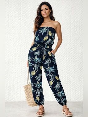 Blue Island Tropical Pineapple Strapless Jumpsuit Flowy Jogger Leg L Pockets